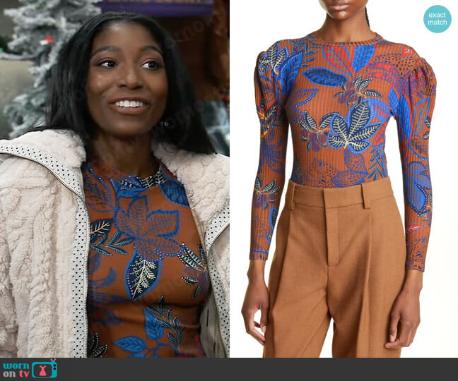 Farm Rio Rib Jungle Foliage Long Sleeve Stretch Organic Cotton Bodysuit worn by Trina Robinson (Tabyana Ali) on General Hospital