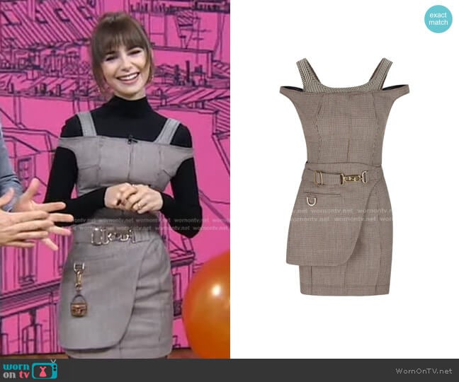 Fendi Houndstooth Cold-Shoulder Dress worn by Lily Collins on Good Morning America