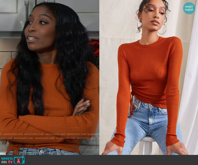 Forever 21 Ribbed Ruched Drawstring Sweater in Ginger worn by Trina Robinson (Tabyana Ali) on General Hospital