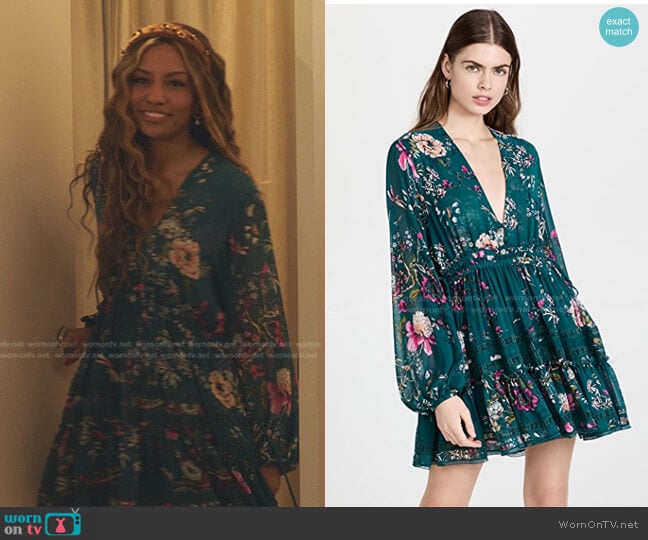 Free People Cherry Blossom Mini Dress in Emerald Combo worn by Monet de Haan (Savannah Lee Smith) on Gossip Girl