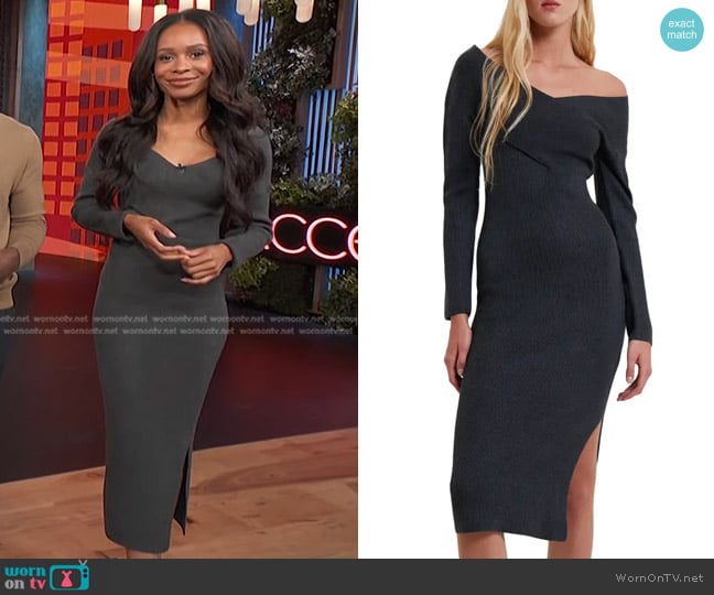 French Connection Lydia Crossover Rib Midi Dress in Charcoal Mel worn by Zuri Hall on Access Hollywood