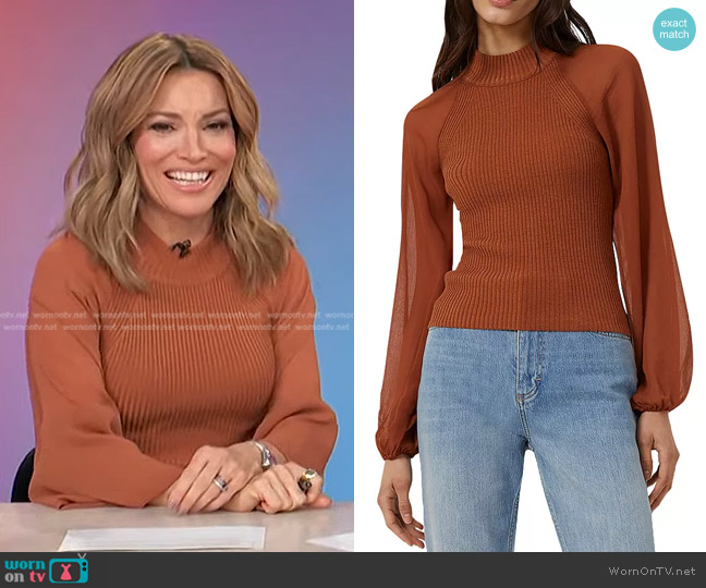 French Connection Melody Mixed Media Mock Neck Sweater in Sierra worn by Kit Hoover on Access Hollywood