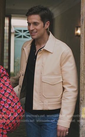 Gabriel’s beige leather jacket on Emily in Paris