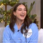 Gabriella Baldacchino’s blue Prada logo cropped top on The Kelly Clarkson Show
