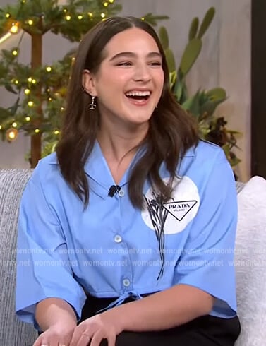Gabriella Baldacchino’s blue Prada logo cropped top on The Kelly Clarkson Show