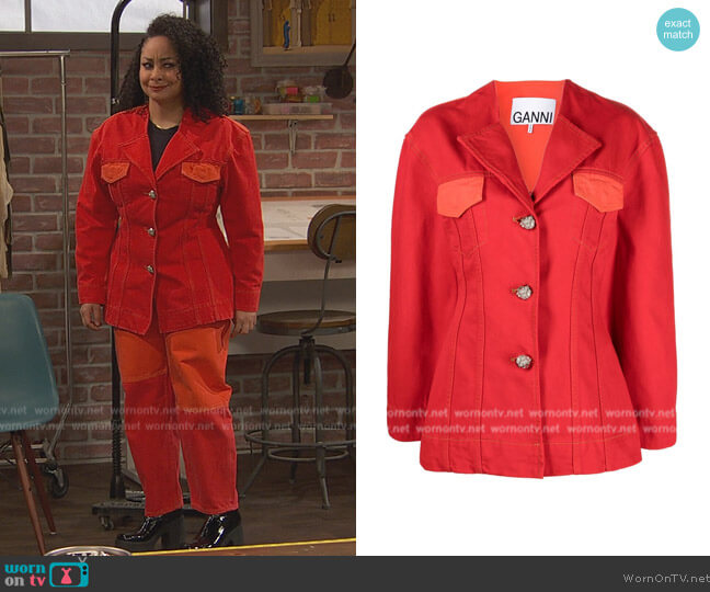 Ganni Embellished-button denim jacket worn by Raven Baxter (Raven-Symoné) on Ravens Home
