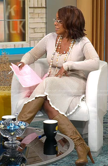 Gayle King’s beige rib knit dress on CBS Mornings