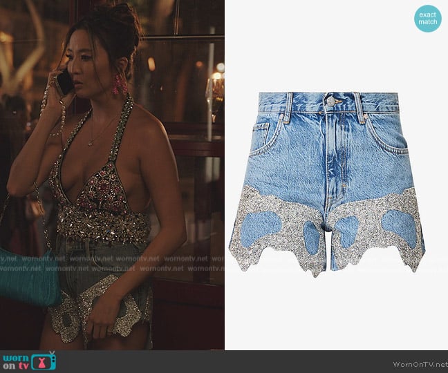 Germanier @ashleyparklady Patch-embellished upcycled denim shorts worn by Mindy Chen (Ashley Park) on Emily in Paris
