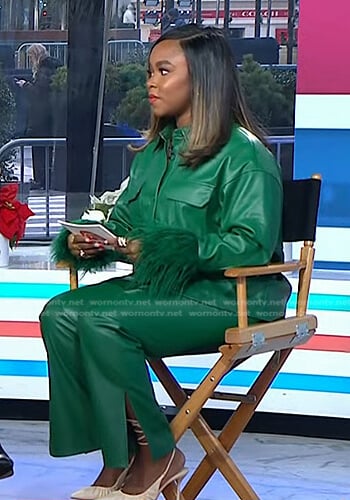 Gia Peppers’s green leather feather cuff jacket and pants on Today