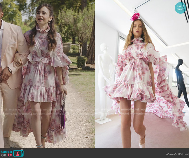 WornOnTV: Emily's pink floral print ruffle dress on Emily in Paris