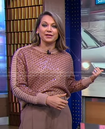 Ginger’s brown embellished sweater on Good Morning America
