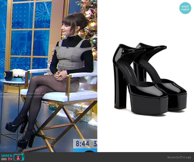 Giuseppe Zanotti Bebe Patent Platform Pumps worn by Lily Collins on Good Morning America