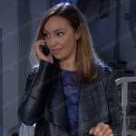 Gwen’s blue floral top and leather jacket on Days of our Lives