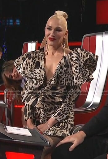 Gwen’s leopard ruffle mini dress on The Voice