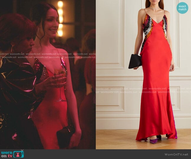 Halpern Paneled Silk-Satin and Sequined Tulle Maxi Dress worn by Luna La (Zión Moreno) on Gossip Girl