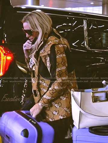 Heather’s brown logo print jacket on The Real Housewives of Salt Lake City