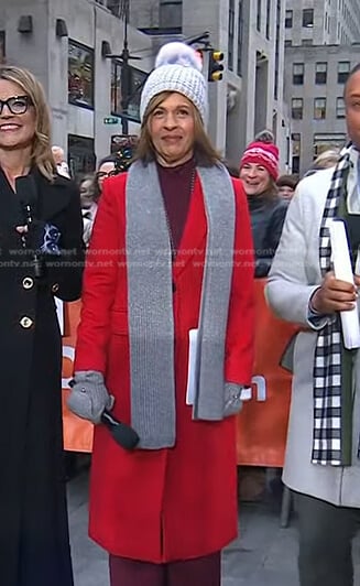 Hoda’s red coat and pom pom beanie on Today