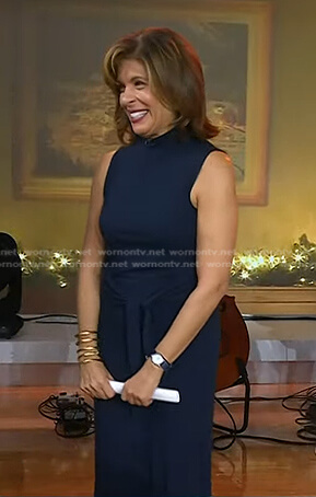 Hoda’s navy tie waist sleeveless dress on Today