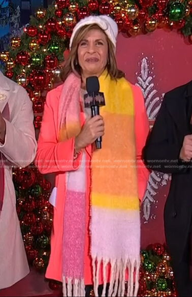 Hoda’s orange coat and colorblock scarf on Today