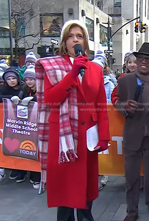 Hoda’s red coat and plaid wool scarf on Today