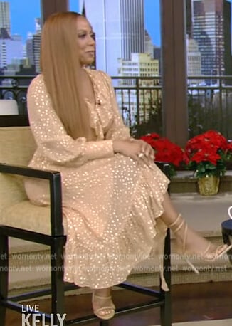 Holly Robinson Peete’s yellow metallic dot wrap dress on Live with Kelly and Ryan