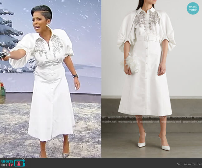 Huishan Zhang Mercer belted crystal-embellished gathered faille midi shirt dress worn by Tamron Hall on Tamron Hall Show