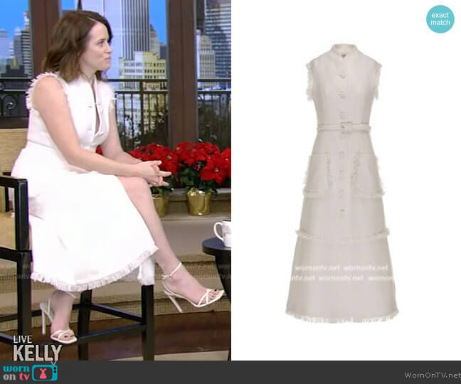Huishan Zhang Felicity frayed-trims split-hem woven midi dress worn by Claire Foy on Live with Kelly and Mark