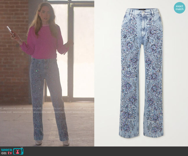 Isabel Marant Nadegei embellished straight-leg jeans worn by Tess Van De Berg (Jamie Clayton) on The L Word Generation Q