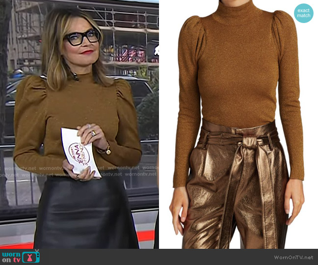 Alice + Olivia Issa Glitter Puff-Sleeve Turtleneck Sweater worn by Savannah Guthrie on Today