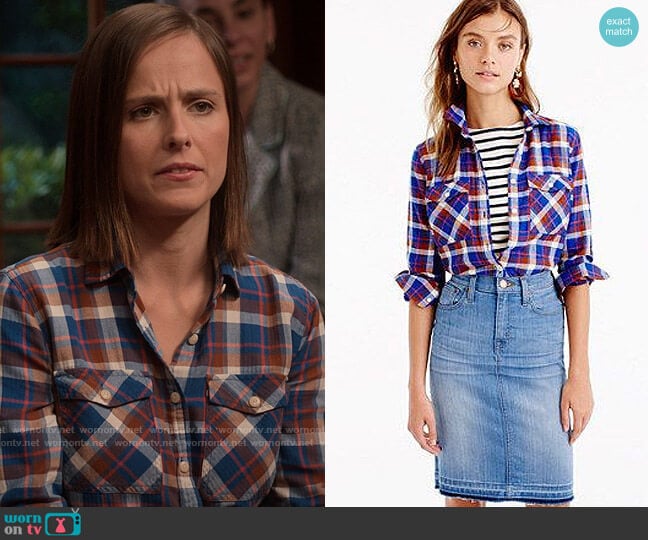 J. Crew Boyfriend Shirt in Cerulean Plaid worn by Kimberly Finkle (Pauline Chalamet) on The Sex Lives of College Girls
