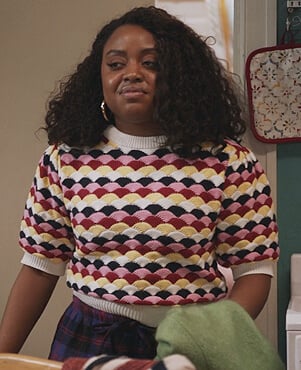 Janine’s multi-colored scalloped knit sweater on Abbott Elementary