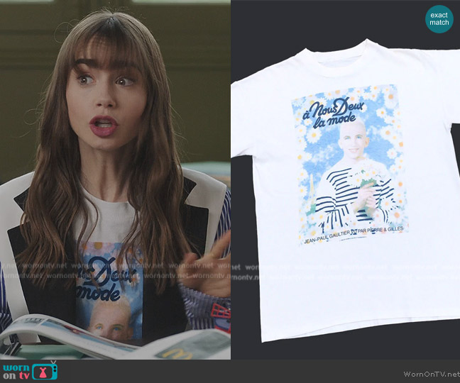 Jean Paul Gaultier A Nous Deux la Mode Tee worn by Emily Cooper (Lily Collins) on Emily in Paris