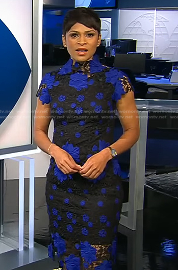 Jericka’s black and blue floral lace dress on CBS Evening News