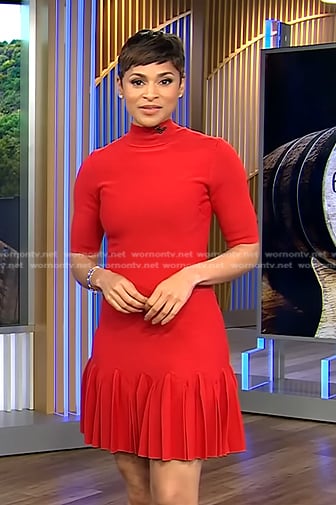 Jericka’s red ruffle mini dress on CBS Evening News