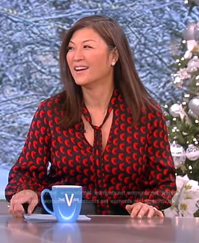 Juju Chang’s printed tie neck blouse on The View