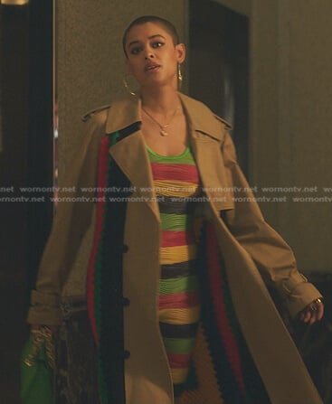 Julien’s multicolor striped jumpsuit and crochet trench coat on Gossip Girl