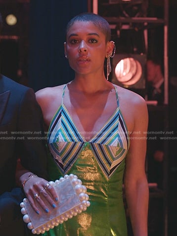 Julien’s metallic green dress and pearl clutch on Gossip Girl