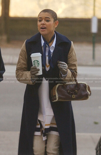 Julien’s varsity knit dress and colorblock coat on Gossip Girl