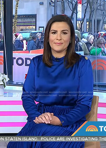 Kate Andersen Brower’s blue pleated satin dress on Today