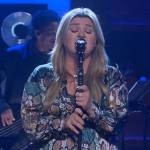 Kelly’s printed v-neck asymmetric dress on The Kelly Clarkson Show
