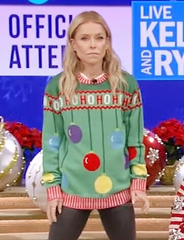 Kelly’s green ugly Christmas sweater on Live with Kelly and Ryan