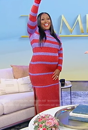 Keshia Knight’s red and purple metallic dress on Tamron Hall Show