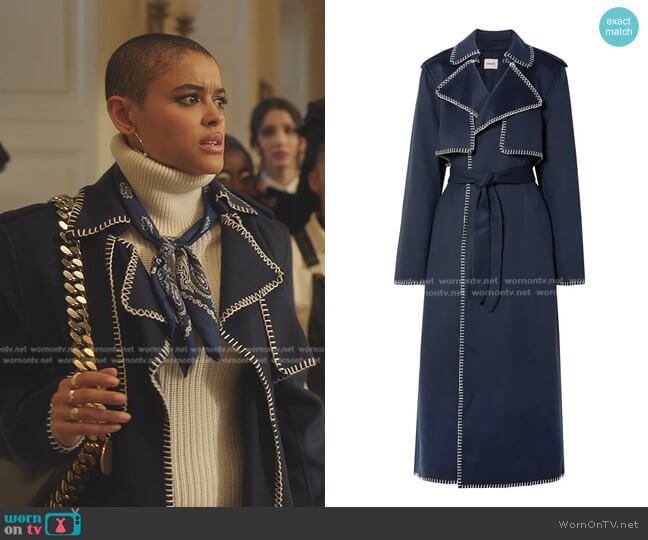Khaite Roman Oversized Whipstitched Felt Trench Coat worn by Julien Calloway (Jordan Alexander) on Gossip Girl