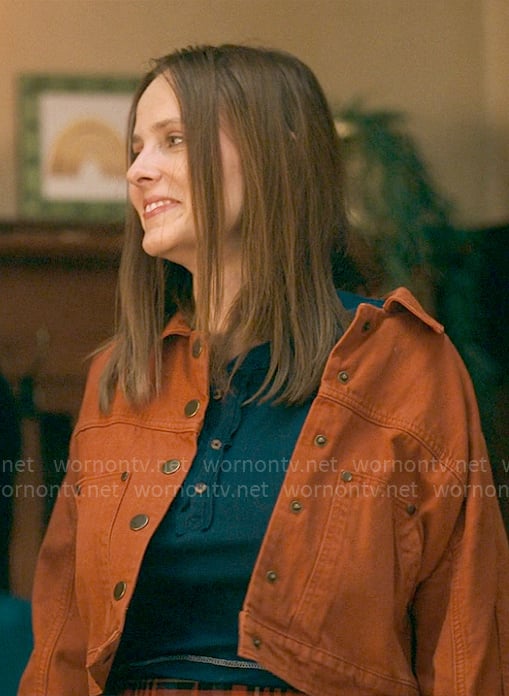 Kimberly’s orange denim jacket on The Sex Lives of College Girls