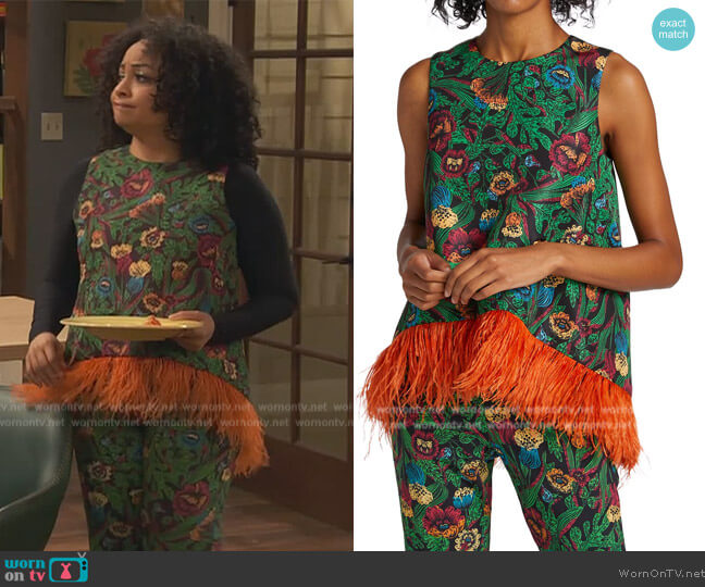 La DoubleJ Floral Garden-Print Top w/ Feather Trim worn by Raven Baxter (Raven-Symoné) on Ravens Home
