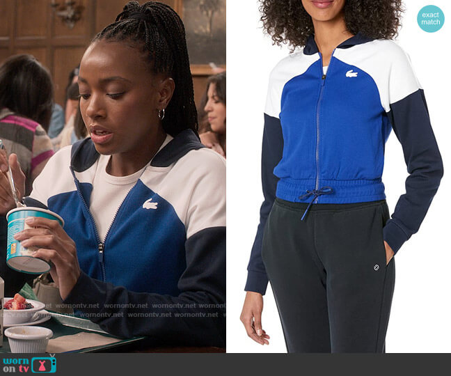 Lacoste Colorblock Full Zip Cropped Hooded Sweatshirt worn by Whitney Chase (Alyah Chanelle Scott) on The Sex Lives of College Girls