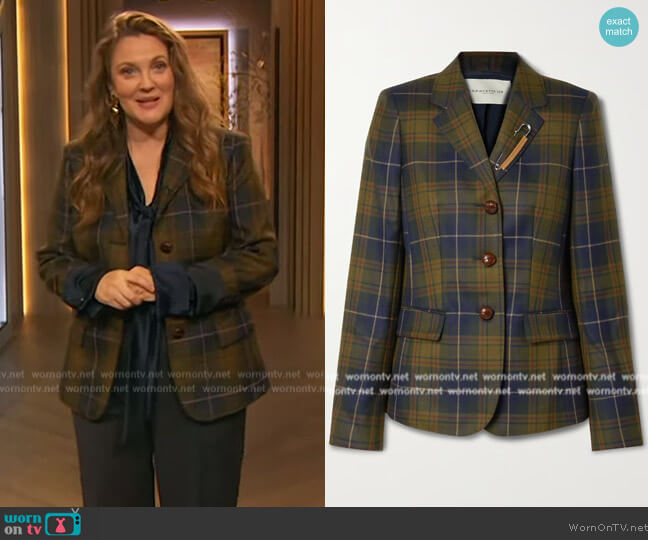 Lafayette 148 Embellished checked wool and silk-blend blazer worn by Drew Barrymore on The Drew Barrymore Show