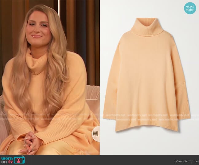 LaPointe Oversize Organic Cashmere Turtleneck Cape Sweater worn by Meghan Trainor on The Drew Barrymore Show