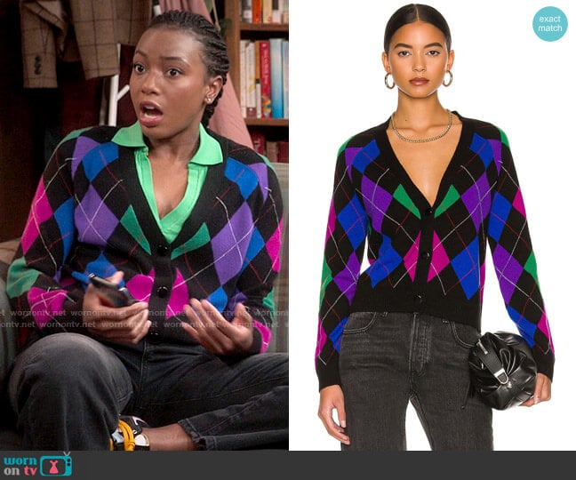 Le Superbe Argyle Gem Cardigan worn by Whitney Chase (Alyah Chanelle Scott) on The Sex Lives of College Girls