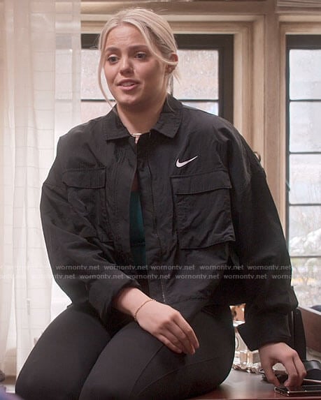 Leighton’s black Nike jacket on The Sex Lives of College Girls